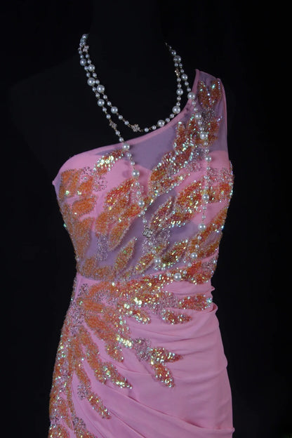 Elegantes, einseitig schulterfreies, rosafarbenes Chiffon-Abendkleid im Meerjungfrauenstil, langes Partykleid AS188