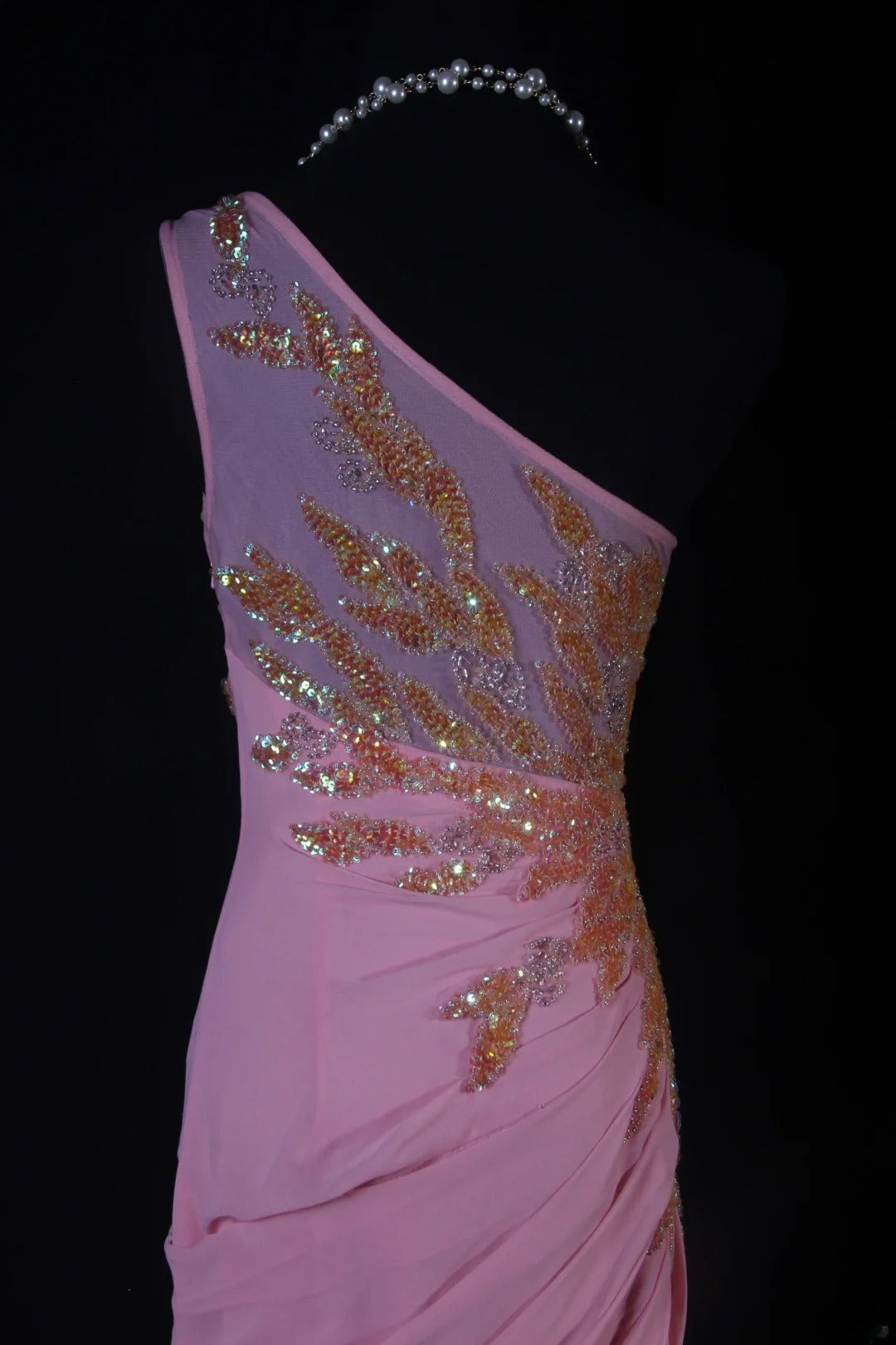 Elegantes, einseitig schulterfreies, rosafarbenes Chiffon-Abendkleid im Meerjungfrauenstil, langes Partykleid AS188