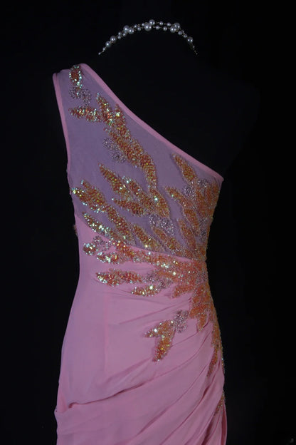 Elegantes, einseitig schulterfreies, rosafarbenes Chiffon-Abendkleid im Meerjungfrauenstil, langes Partykleid AS188