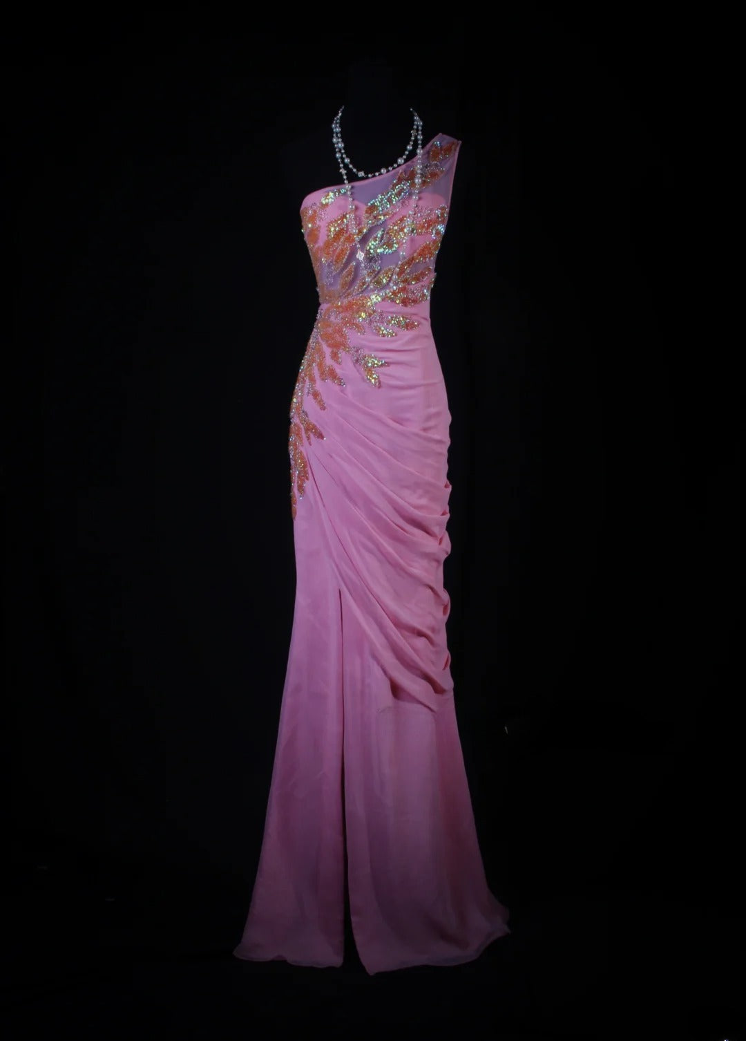 Elegantes, einseitig schulterfreies, rosafarbenes Chiffon-Abendkleid im Meerjungfrauenstil, langes Partykleid AS188