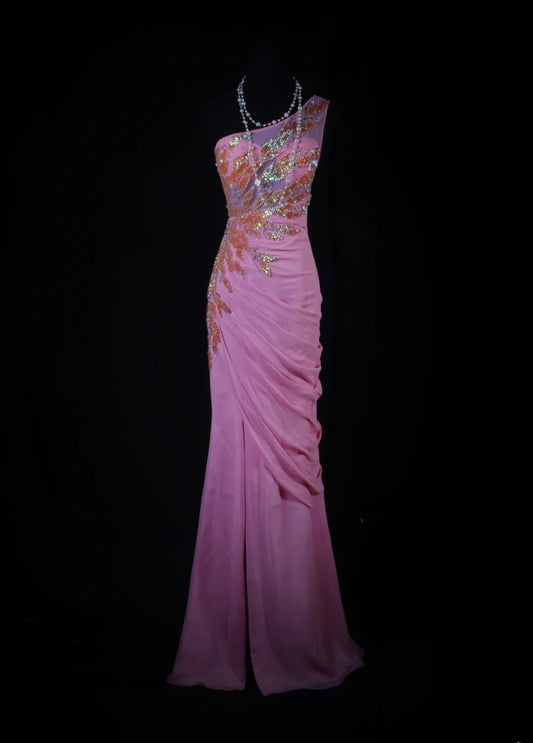 Elegantes, einseitig schulterfreies, rosafarbenes Chiffon-Abendkleid im Meerjungfrauenstil, langes Partykleid AS188