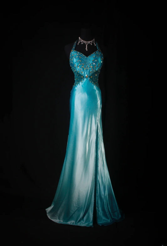 Robe de bal longue vintage sirène dos nu en satin bleu ornée de perles, idéale pour les soirées et les fêtes d'adolescentes (AS189)