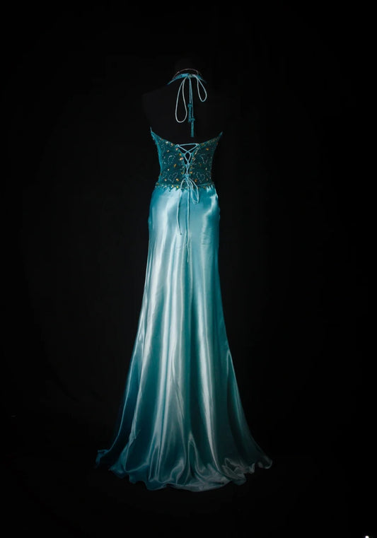 Robe de bal longue vintage sirène dos nu en satin bleu ornée de perles, idéale pour les soirées et les fêtes d'adolescentes (AS189)