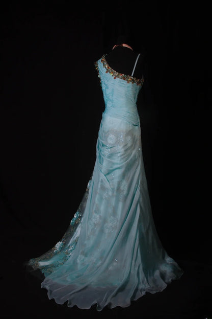 Elegantes, schulterfreies, blaues Chiffon-Abendkleid im Meerjungfrauenstil mit Perlenstickerei, langes Partykleid AS190