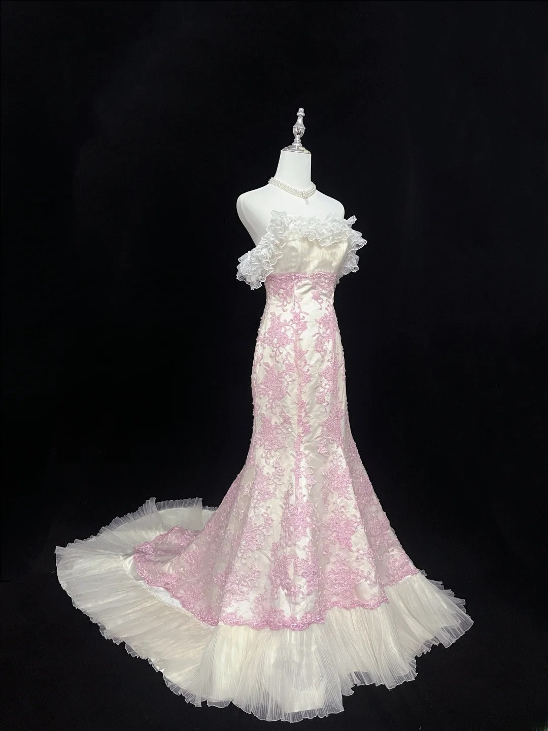 Beautiful Mermaid Strapless Pink Tulle With Appliqued Lace Prom Dress Formal Outfits Party Dresses RB7590