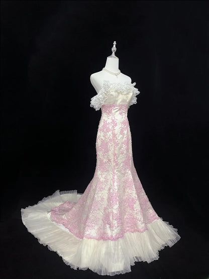 Beautiful Mermaid Strapless Pink Tulle With Appliqued Lace Prom Dress Formal Outfits Party Dresses RB7590