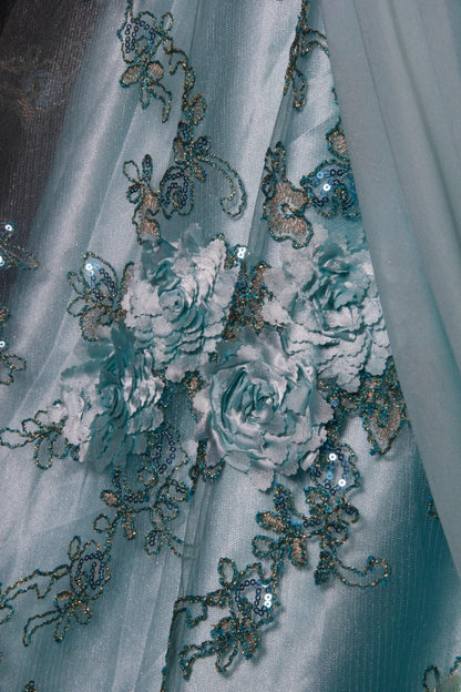 Elegantes, schulterfreies, blaues Chiffon-Abendkleid im Meerjungfrauenstil mit Perlenstickerei, langes Partykleid AS190