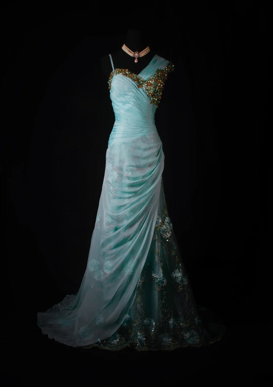 Elegantes, schulterfreies, blaues Chiffon-Abendkleid im Meerjungfrauenstil mit Perlenstickerei, langes Partykleid AS190