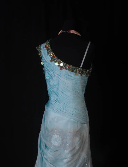 Elegantes, schulterfreies, blaues Chiffon-Abendkleid im Meerjungfrauenstil mit Perlenstickerei, langes Partykleid AS190