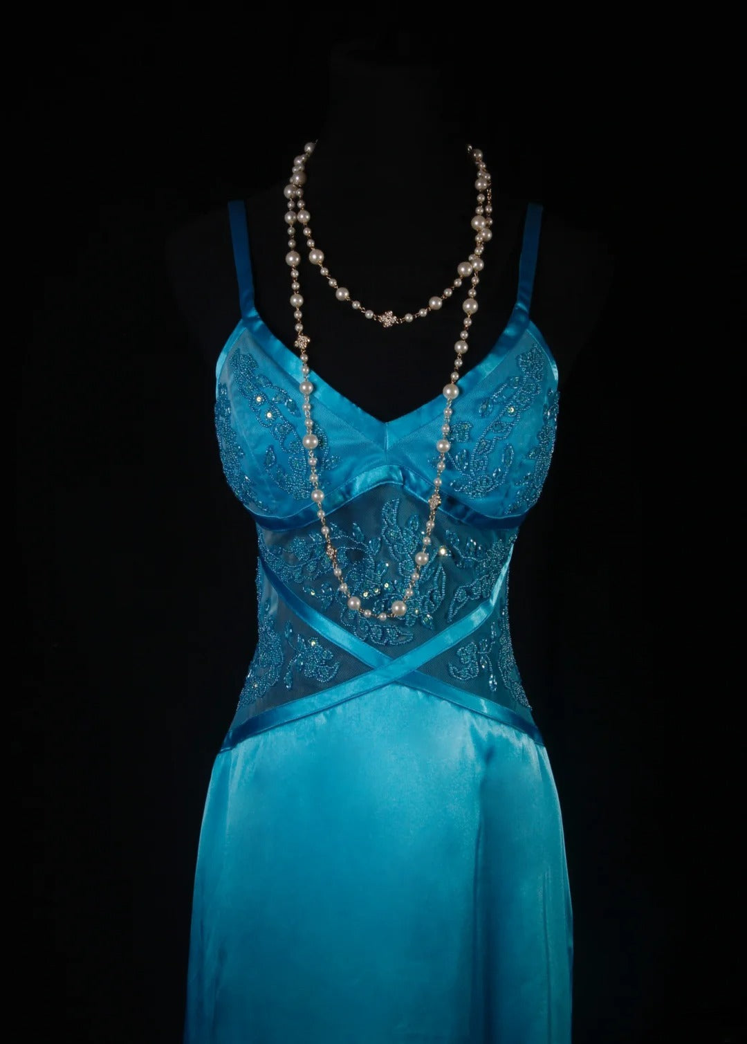 Vintage Meerjungfrauen-Abendkleid aus den 50er Jahren, blauer Satin, Spaghettiträger, langes Partykleid AS191