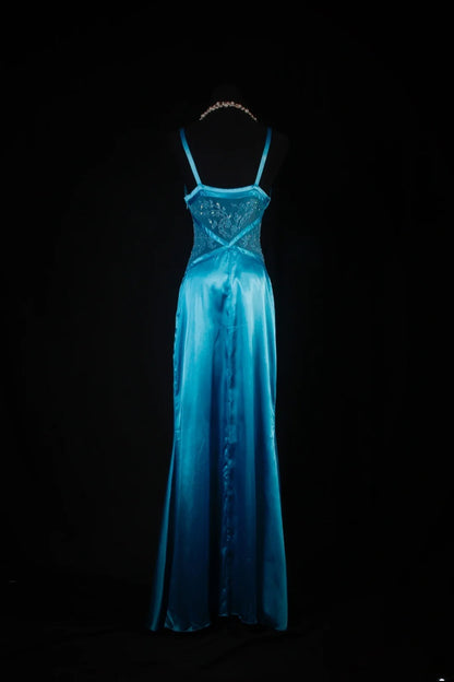 Vintage Meerjungfrauen-Abendkleid aus den 50er Jahren, blauer Satin, Spaghettiträger, langes Partykleid AS191