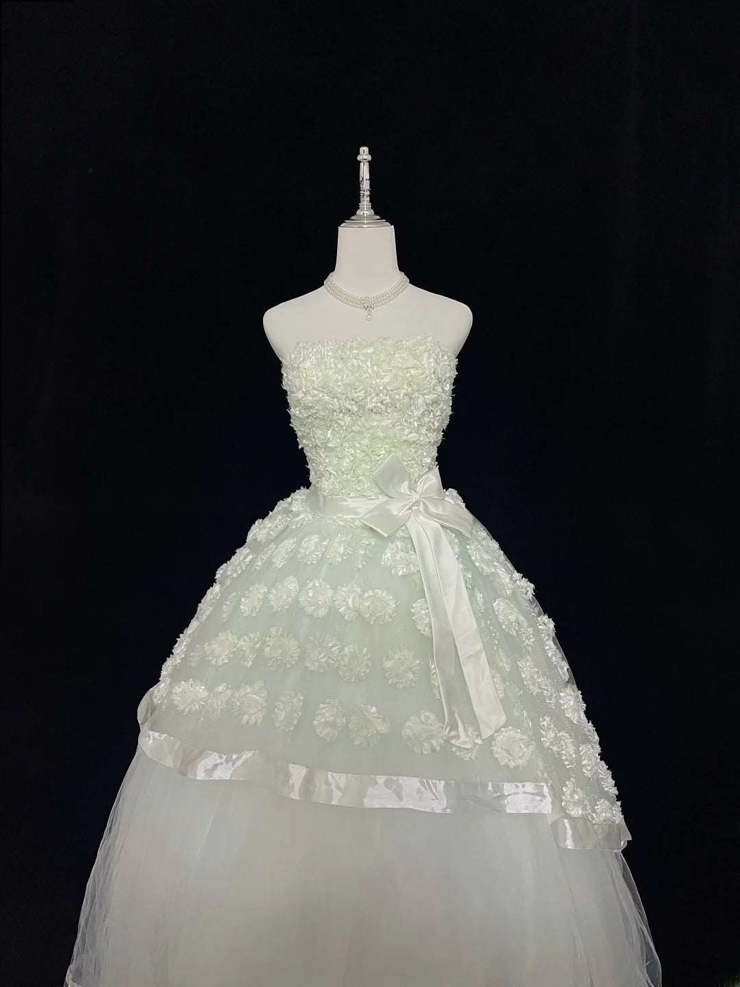Pretty Ball Gowns Strapless Mint Green Tulle With Lace Appliqued Long Prom Dress Puffy Sweet 16 Sweet Sixteen Outfits Vestido de 15 RB7590