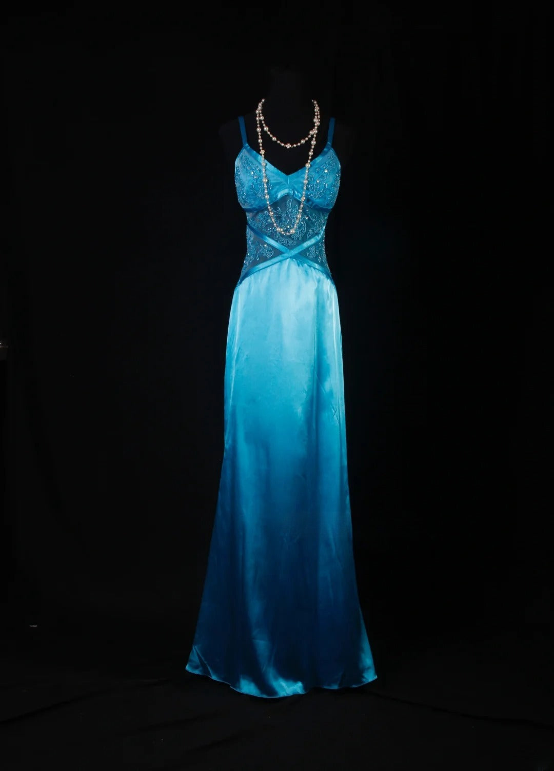 Vintage Meerjungfrauen-Abendkleid aus den 50er Jahren, blauer Satin, Spaghettiträger, langes Partykleid AS191