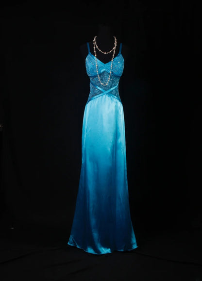Vintage Meerjungfrauen-Abendkleid aus den 50er Jahren, blauer Satin, Spaghettiträger, langes Partykleid AS191
