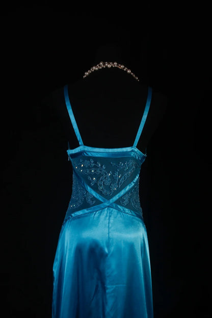 Vintage Meerjungfrauen-Abendkleid aus den 50er Jahren, blauer Satin, Spaghettiträger, langes Partykleid AS191
