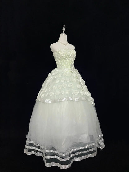 Pretty Ball Gowns Strapless Mint Green Tulle With Lace Appliqued Long Prom Dress Puffy Sweet 16 Sweet Sixteen Outfits Vestido de 15 RB7590