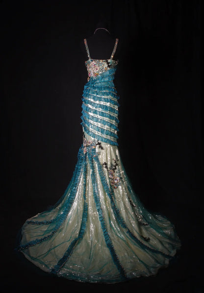Robe de soirée sirène vintage années 60, bretelles spaghetti, tulle bleu orné de perles, longue, élégante, idéale pour les bals de fin d'année ou les fêtes (AS192)