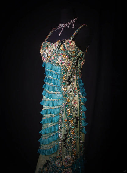Robe de soirée sirène vintage années 60, bretelles spaghetti, tulle bleu orné de perles, longue, élégante, idéale pour les bals de fin d'année ou les fêtes (AS192)