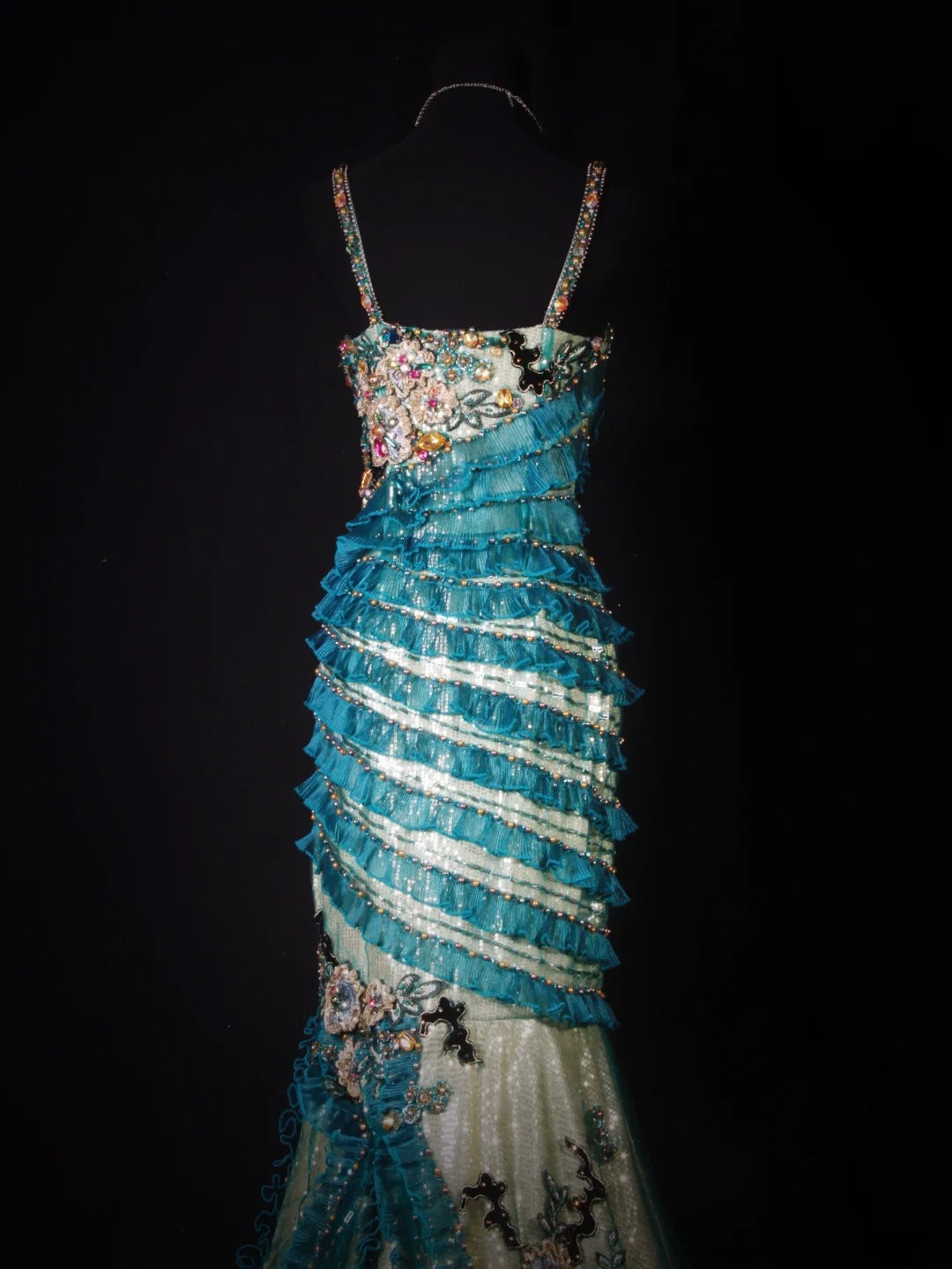 Robe de soirée sirène vintage années 60, bretelles spaghetti, tulle bleu orné de perles, longue, élégante, idéale pour les bals de fin d'année ou les fêtes (AS192)