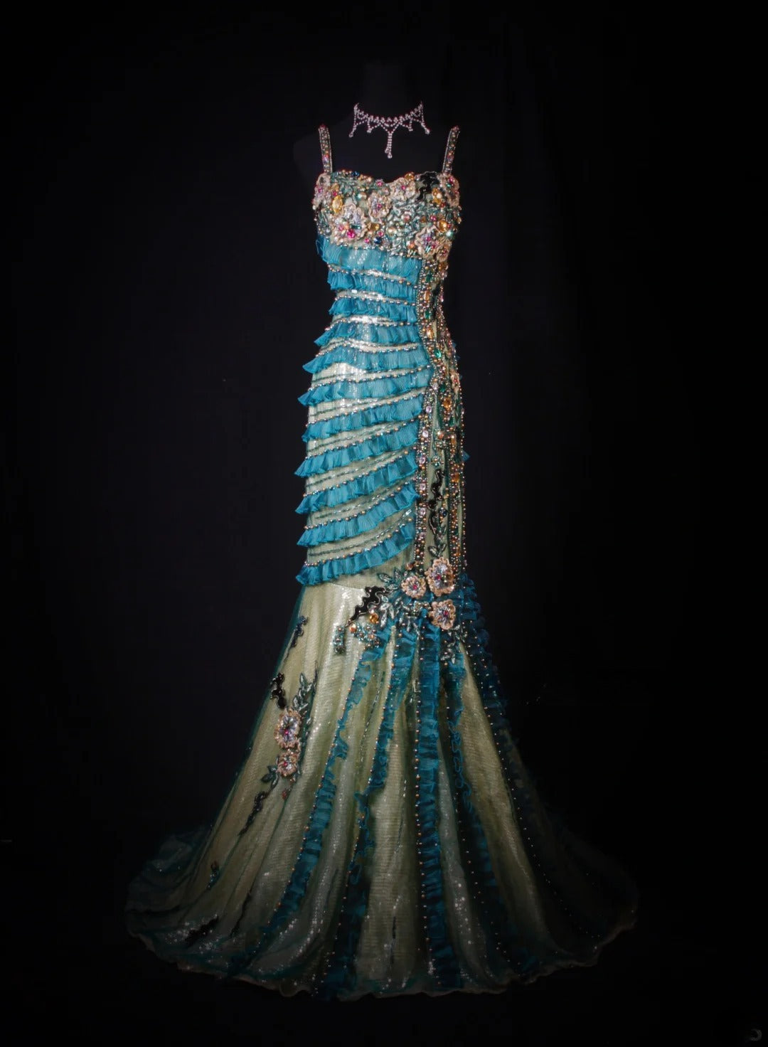 Robe de soirée sirène vintage années 60, bretelles spaghetti, tulle bleu orné de perles, longue, élégante, idéale pour les bals de fin d'année ou les fêtes (AS192)