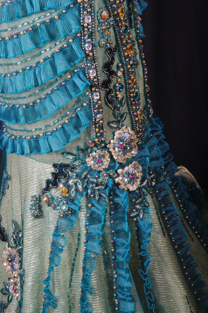 Robe de soirée sirène vintage années 60, bretelles spaghetti, tulle bleu orné de perles, longue, élégante, idéale pour les bals de fin d'année ou les fêtes (AS192)