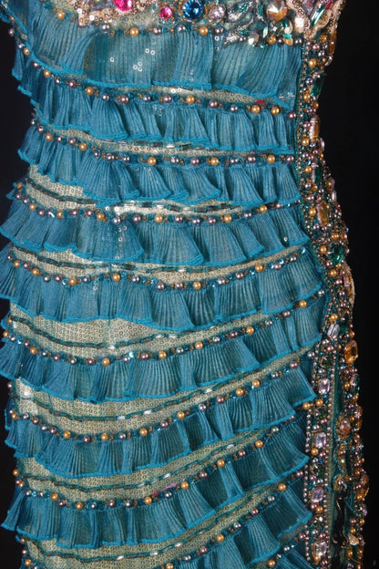 Robe de soirée sirène vintage années 60, bretelles spaghetti, tulle bleu orné de perles, longue, élégante, idéale pour les bals de fin d'année ou les fêtes (AS192)