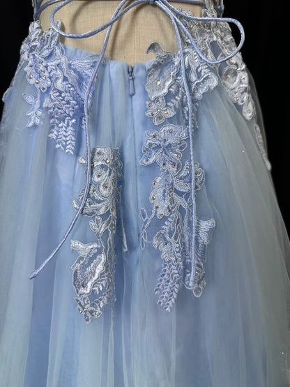 Vintage 80s Prom Dresses A line Spaghetti Strap Light Sky Blue Tulle Lace Long Party Gown Formal Outfits RB5996
