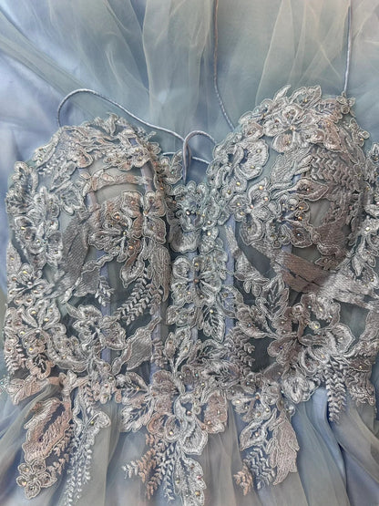 Vintage 80s Prom Dresses A line Spaghetti Strap Light Sky Blue Tulle Lace Long Party Gown Formal Outfits RB5996