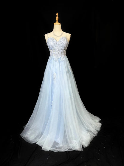 Vintage 80s Prom Dresses A line Spaghetti Strap Light Sky Blue Tulle Lace Long Party Gown Formal Outfits RB5996