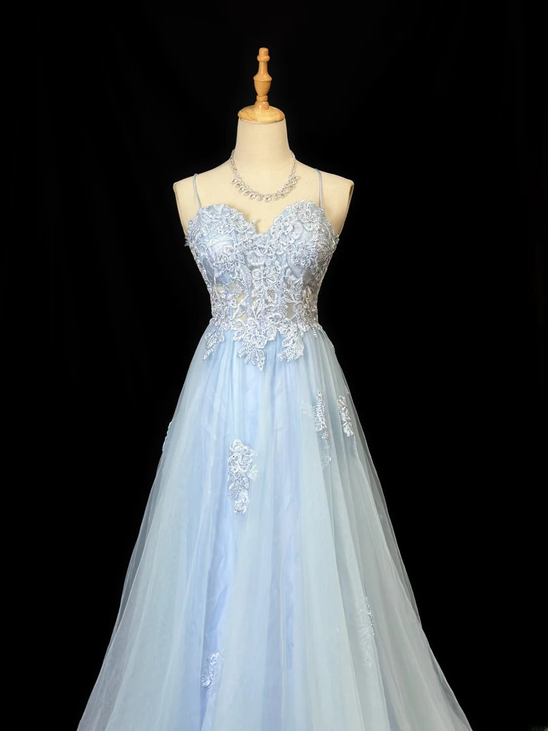Vintage 80s Prom Dresses A line Spaghetti Strap Light Sky Blue Tulle Lace Long Party Gown Formal Outfits RB5996