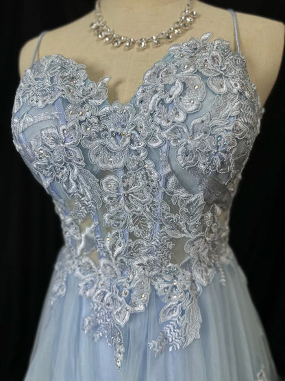 Vintage 80s Prom Dresses A line Spaghetti Strap Light Sky Blue Tulle Lace Long Party Gown Formal Outfits RB5996