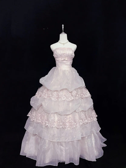 Pretty Ball Gowns Strapless Pink Organza With Lace Appliqued Bow Long Prom Dress Puffy Sweet 16 Sweet Sixteen Outfits Vestido de 15 RB7594