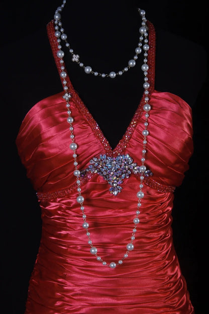 Robe de bal longue sirène vintage années 80 en satin rouge, dos nu, AS194