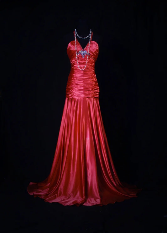 Robe de bal longue sirène vintage années 80 en satin rouge, dos nu, AS194
