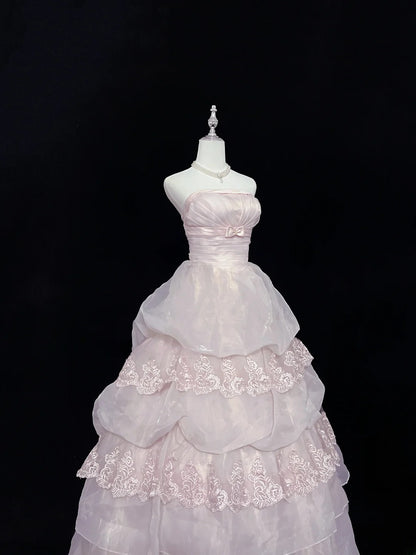 Pretty Ball Gowns Strapless Pink Organza With Lace Appliqued Bow Long Prom Dress Puffy Sweet 16 Sweet Sixteen Outfits Vestido de 15 RB7594