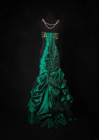 Vintage-Abendkleider aus den 1950er Jahren, dunkelgrüner Satin, lange Partykleider, AS195