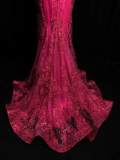 Modest Prom Dresses Mermaid Off The Shoulder Hot Pink Lace With Cap Sleeves Long Formal Outfits RB6001