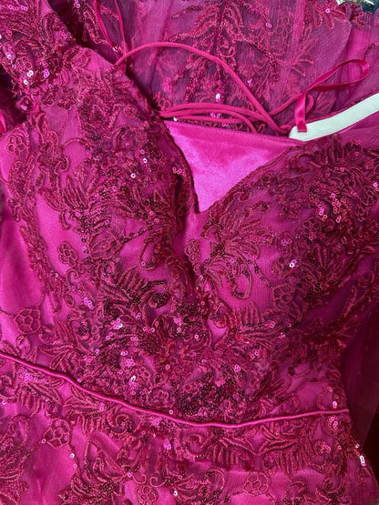 Modest Prom Dresses Mermaid Off The Shoulder Hot Pink Lace With Cap Sleeves Long Formal Outfits RB6001