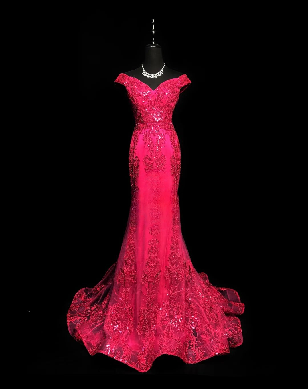 Modest Prom Dresses Mermaid Off The Shoulder Hot Pink Lace With Cap Sleeves Long Formal Outfits RB6001