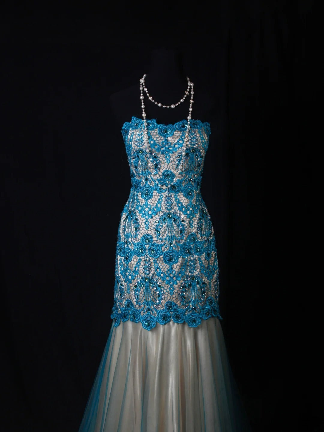 Meerjungfrauen-Kleid im Vintage-Stil der 1950er Jahre aus blauer Spitze und Tüll mit Perlen, langes, formelles Ballkleid, Abendkleid, Partykleid AS201
