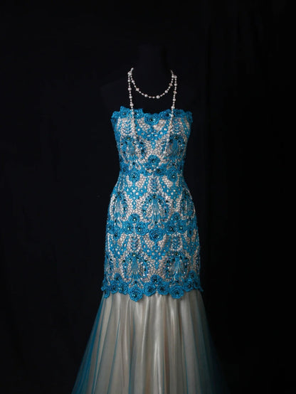 Meerjungfrauen-Kleid im Vintage-Stil der 1950er Jahre aus blauer Spitze und Tüll mit Perlen, langes, formelles Ballkleid, Abendkleid, Partykleid AS201