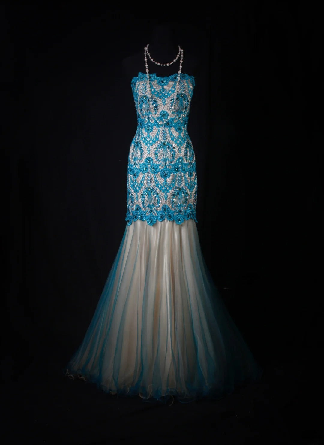 Meerjungfrauen-Kleid im Vintage-Stil der 1950er Jahre aus blauer Spitze und Tüll mit Perlen, langes, formelles Ballkleid, Abendkleid, Partykleid AS201