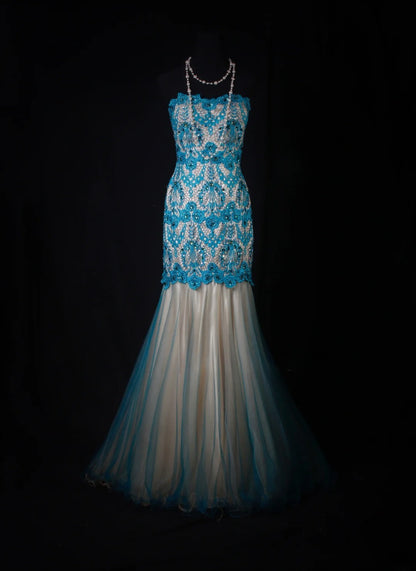 Meerjungfrauen-Kleid im Vintage-Stil der 1950er Jahre aus blauer Spitze und Tüll mit Perlen, langes, formelles Ballkleid, Abendkleid, Partykleid AS201
