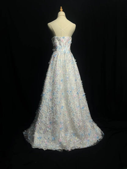 Chic Prom Dresses A line Spaghetti Strap White Sequin Sleeveless Long Formal Outfits RB6003