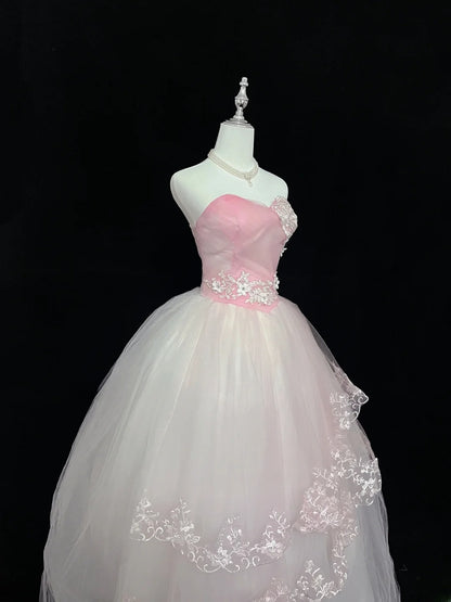 Pretty Ball Gowns Sweetheart Pink With Appliqued Lace Long Prom Dress Senior Puffy Sweet 16 Sixteen Outfit Vestido de 15 RB7604