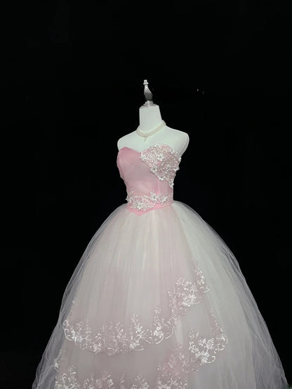 Pretty Ball Gowns Sweetheart Pink With Appliqued Lace Long Prom Dress Senior Puffy Sweet 16 Sixteen Outfit Vestido de 15 RB7604