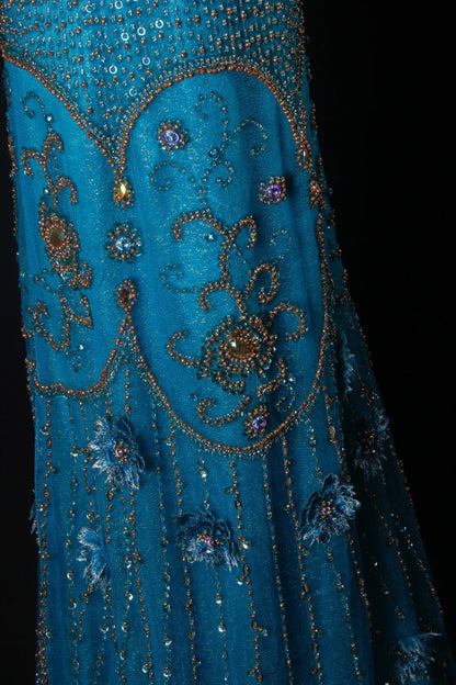 Robe de bal élégante années 1950, coupe trapèze, tulle orné de perles dorées, robe de soirée longue bleue AS205