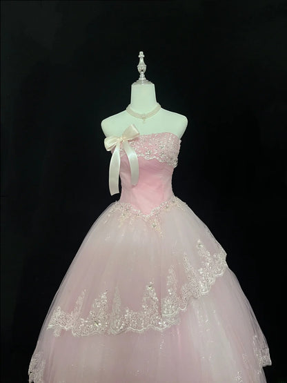 Dream Ball Gowns Strapless Pink With Appliqued Lace Long Prom Dress Senior Puffy Sweet 16 Sixteen Outfit Vestido de 15 RB7605