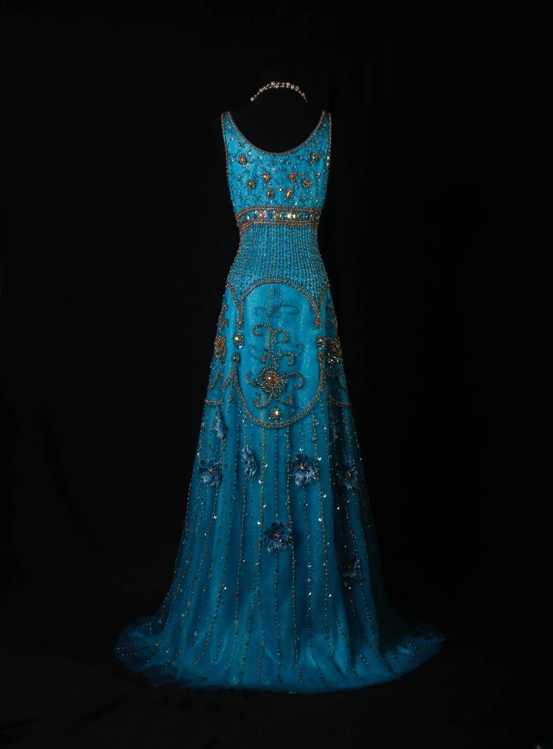 Robe de bal élégante années 1950, coupe trapèze, tulle orné de perles dorées, robe de soirée longue bleue AS205