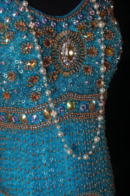 Robe de bal élégante années 1950, coupe trapèze, tulle orné de perles dorées, robe de soirée longue bleue AS205